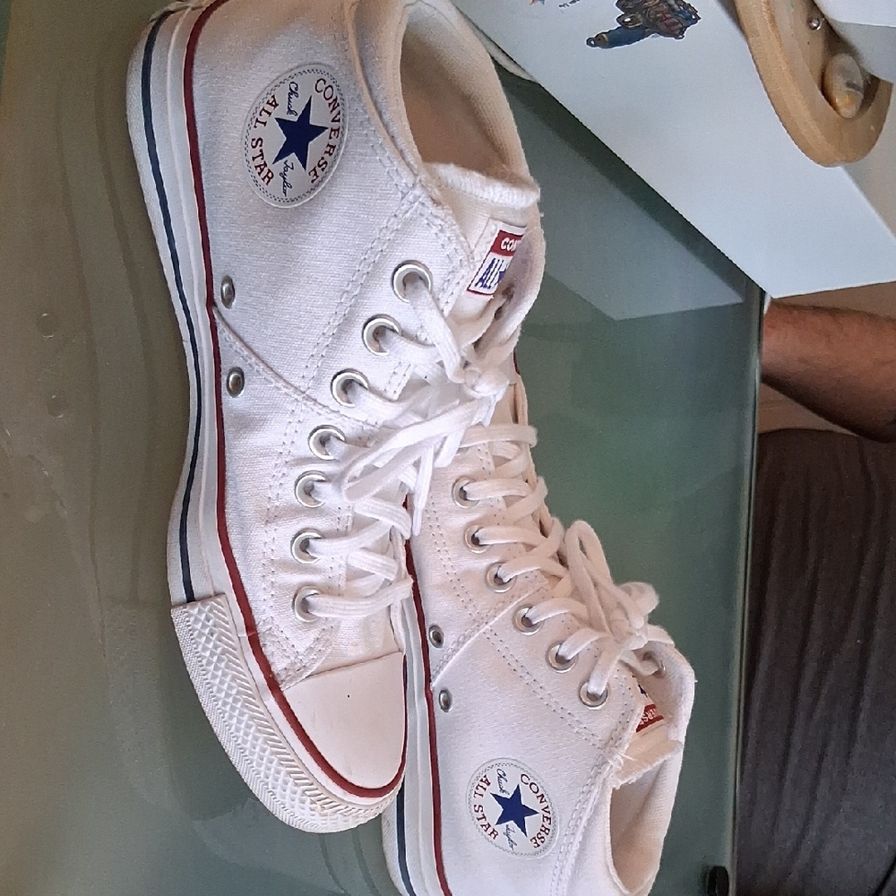 Converse White Canvas High Top Sneakers with Red & Blue Trim